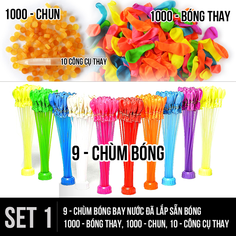 SET 1 gồm: 9 chùm bóng bay nước lắp sẵn (333 quả), 1000 bóng thay, 1000 chun, 5 công cụ thay và 3 đầu nối, Bóng bay chùm, bong bóng nước, magic balloons, bóng nước chùm, bóng bay nước chùm