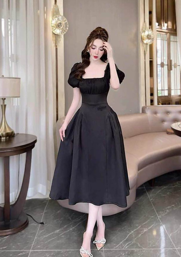Đầm nữ dự tiệc dáng xòe xếp ly ngực tay phồng phù hợp đi tiệc, đi chơi