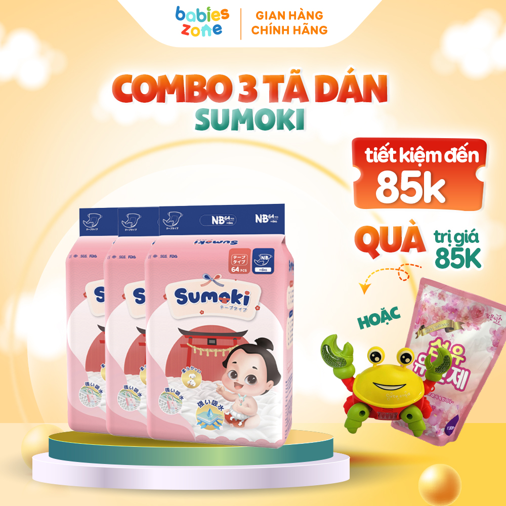 Bộ 3 túi Tã Bỉm Dán SUMOKI có đủ size thương hiệu Nhật Bản thấm hút cực nhanh, chống tràn, siêu mềm mịn cho bé