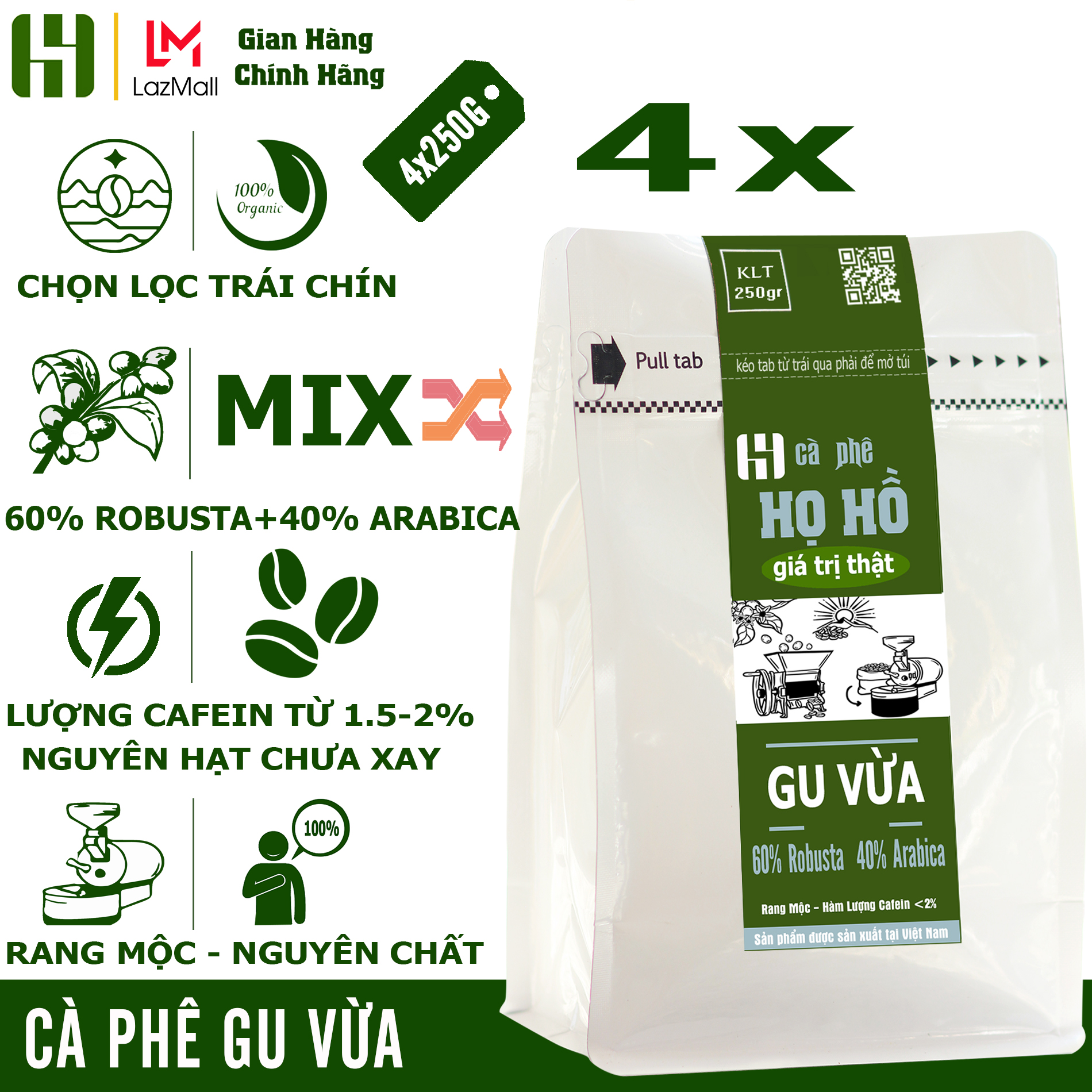 1kg Cà phê HẠT chưa xay rang mộc Gu Vừa - sự kết hợp tuyệt vời từ hạt Arabica + hạt Robusta - 1KG whole bean coffee thương hiệu Họ Hồ