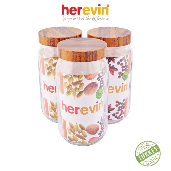 Bộ 3 Hũ Thủy Tinh Herevin Tròn Trơn Nắp Woody 1L - HEHU231377-205