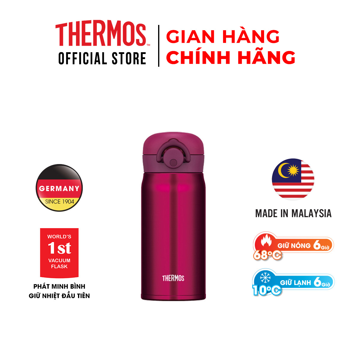 Bình giữ nhiệt Nhật Bản Thermos nút bấm JNR - 350 dung tích 350ml. Hàng chính hãng sản xuất tại Malaysia. Bình giữ nhiệt Thermos trọng lượng siêu nhẹ khả năng giữ nhiệt ưu việt. Bảo hành 24 tháng.