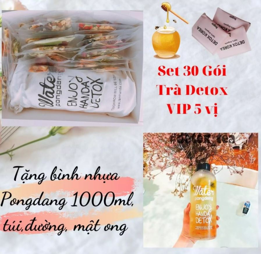 Hoa quả sấy khô set 30 gói trà detox VIP 5 vị, DETOX KOREA tặng bình nhựa Pongdang 1000ml, túi vải + 3 gói đường + 1 hũ mật ong