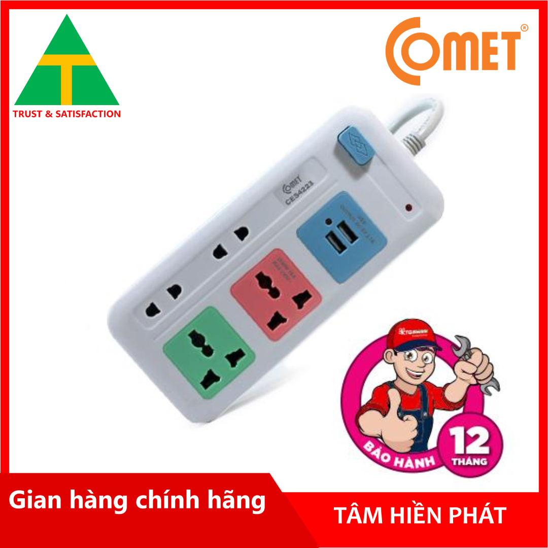 Ổ Cắm Nối Dài Cổng USB Comet CES4223 -Thiết kế hiện đại, tính tiện dụng cao,Chất liệu nhựa: ABS chịu nhiệt cao, an toàn,04 lỗ cắm và 02 cổng sạc USB, Ổ cắm đa năng thích hợp tất cả phích điện, dây 3m, an toàn khi sử dụng