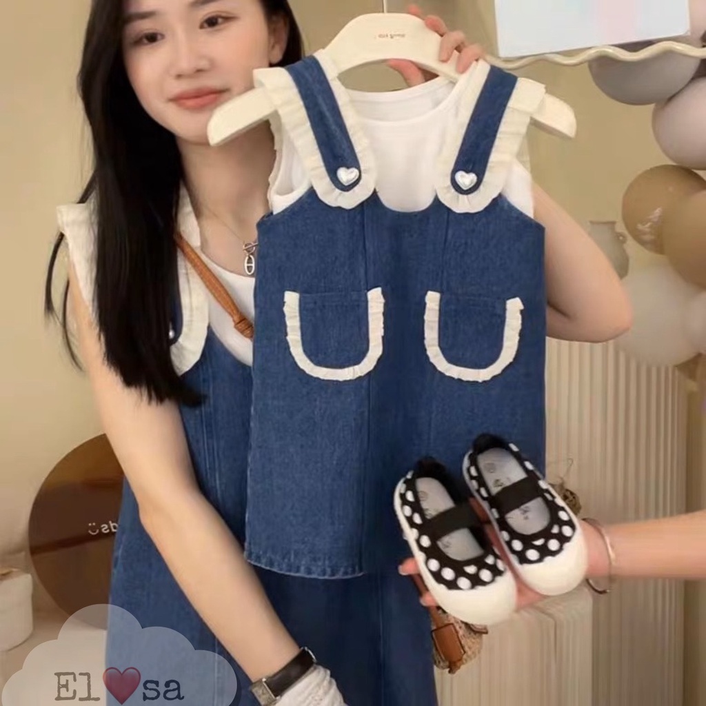 Váy bé gái - set yếm bò phối ren kèm áo thun trắng xinh xắn cho bé gái 1-5 tuổi