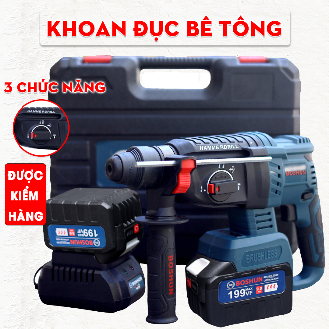 Máy Khoan Đục Bê Tông 3 Chức Năng Boshun 21V, Pin 15 cell Đầu Kẹp Autolock, 100% Ruột Động, Động Cơ Không Chổi Than
