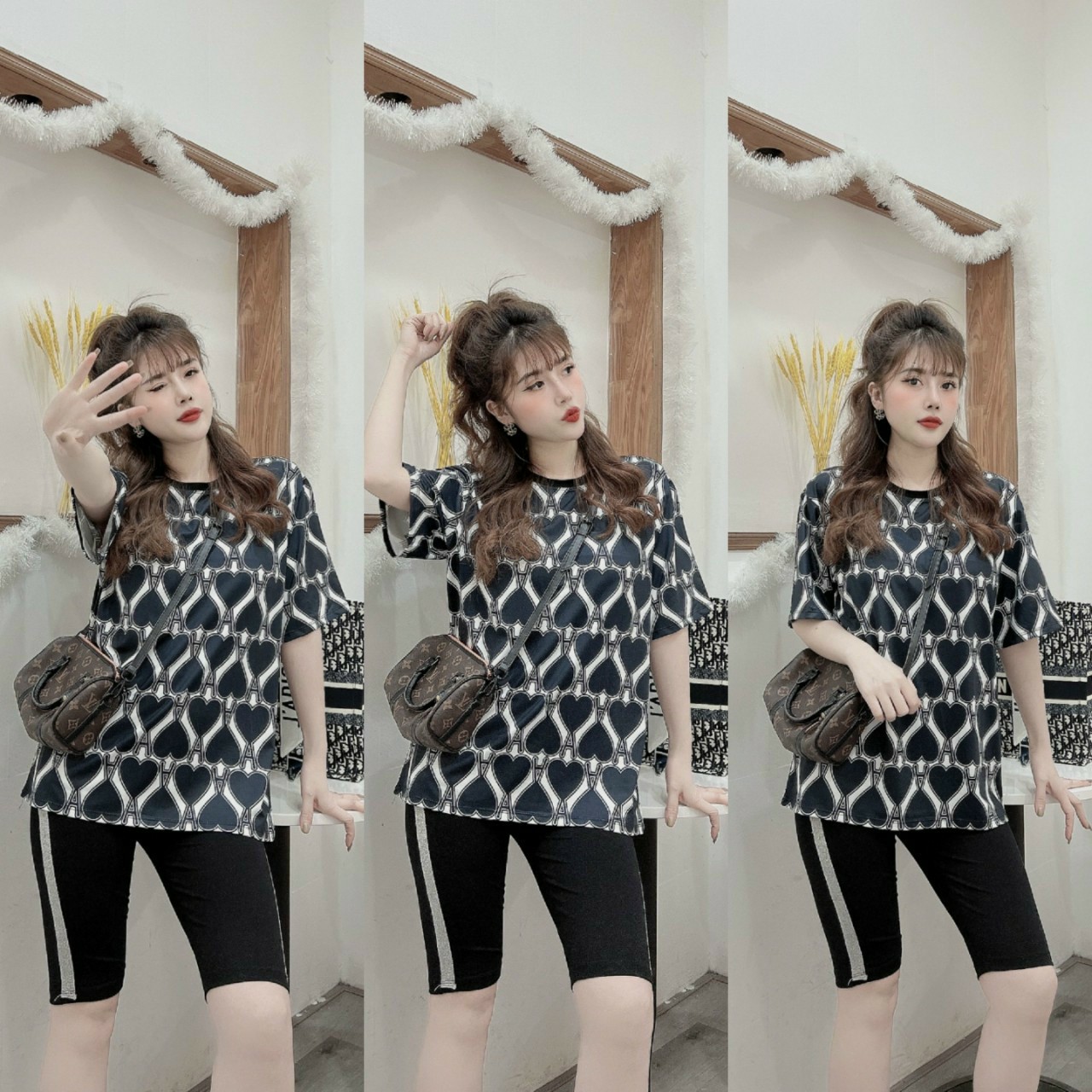 Đồ bộ ngố đùi thun cotton nữ họa tiết tim kim tuyến
