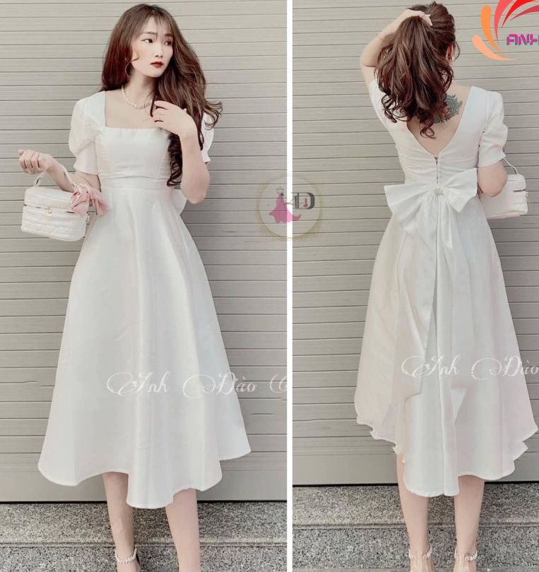 Váy Thiết Kế Xòe a cổ vuông tay bồng, nơ lưng cá tính V03