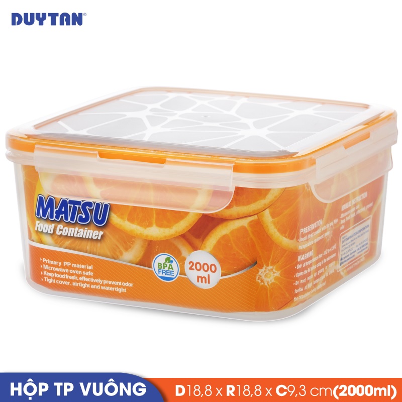 Hộp đựng thực phẩm vuông nhựa DUY TÂN Matsu 2000ml (18.8 x 18.8 x 9.3 cm) - 03369