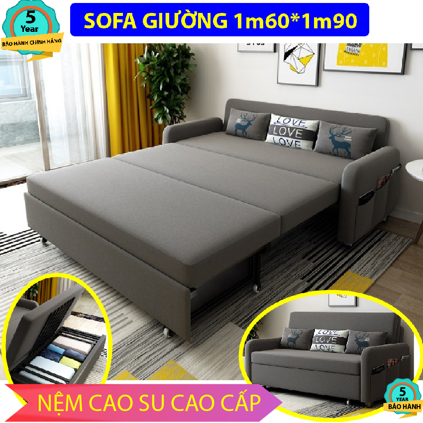 [Giảm Sốc] Sofa giường ngủ thông minh gấp gọn 1m60 x 1m90cm loại đệm cao su, khung thép có ngăn chứa đồ, tặng 3 gối