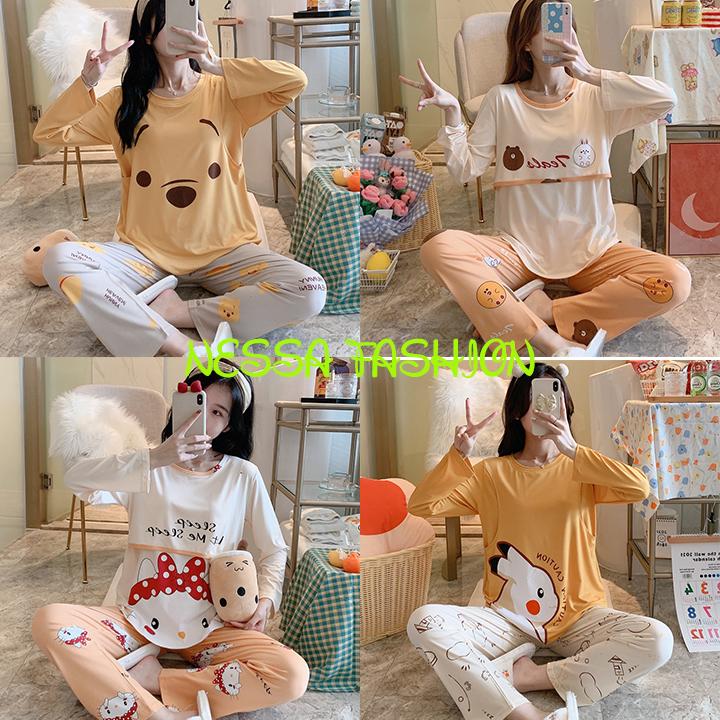 Bộ Đồ Bầu Nữ Mặc Nhà Vải Co Giãn 4 Chiều Cho Con Bú Ti BĐN37 - Quần Áo Ngủ Mom Dài Tay Sau Sinh Pijama Váy Ở Nhà Xuân Thu Đông