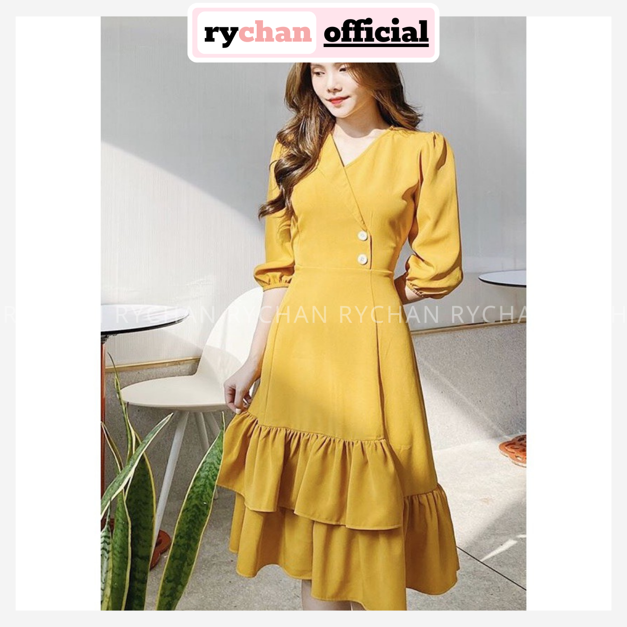 Đầm xòe vàng đắp chéo đuôi bèo dễ thương - dx625