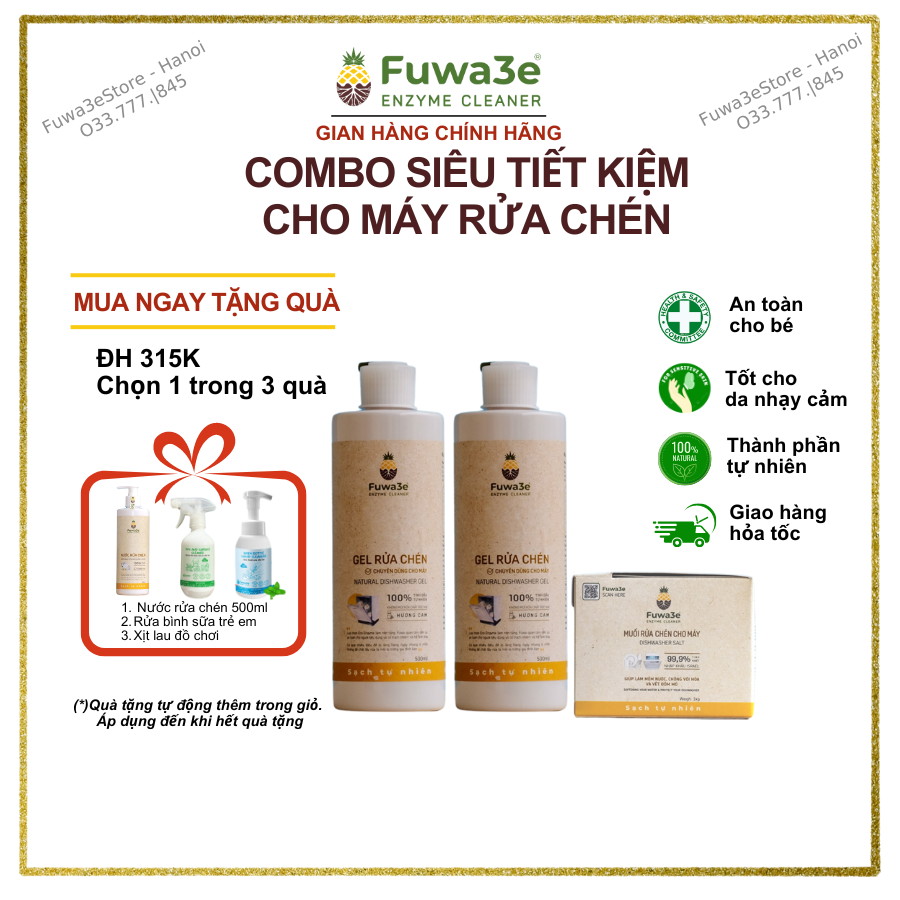 Combo Tiết kiệm 2 Gel rửa chén sinh học Fuwa3E 500ml chuyên dùng cho máy và hộp muối rửa chén Israel 1kg - Fuwa3E Store HaNoi