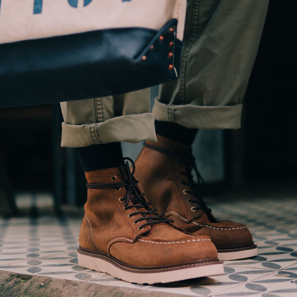 Giày boots cổ cao nam moctoe da bò nâu đỏ đế khâu mckay - work boots thương hiệu steeler