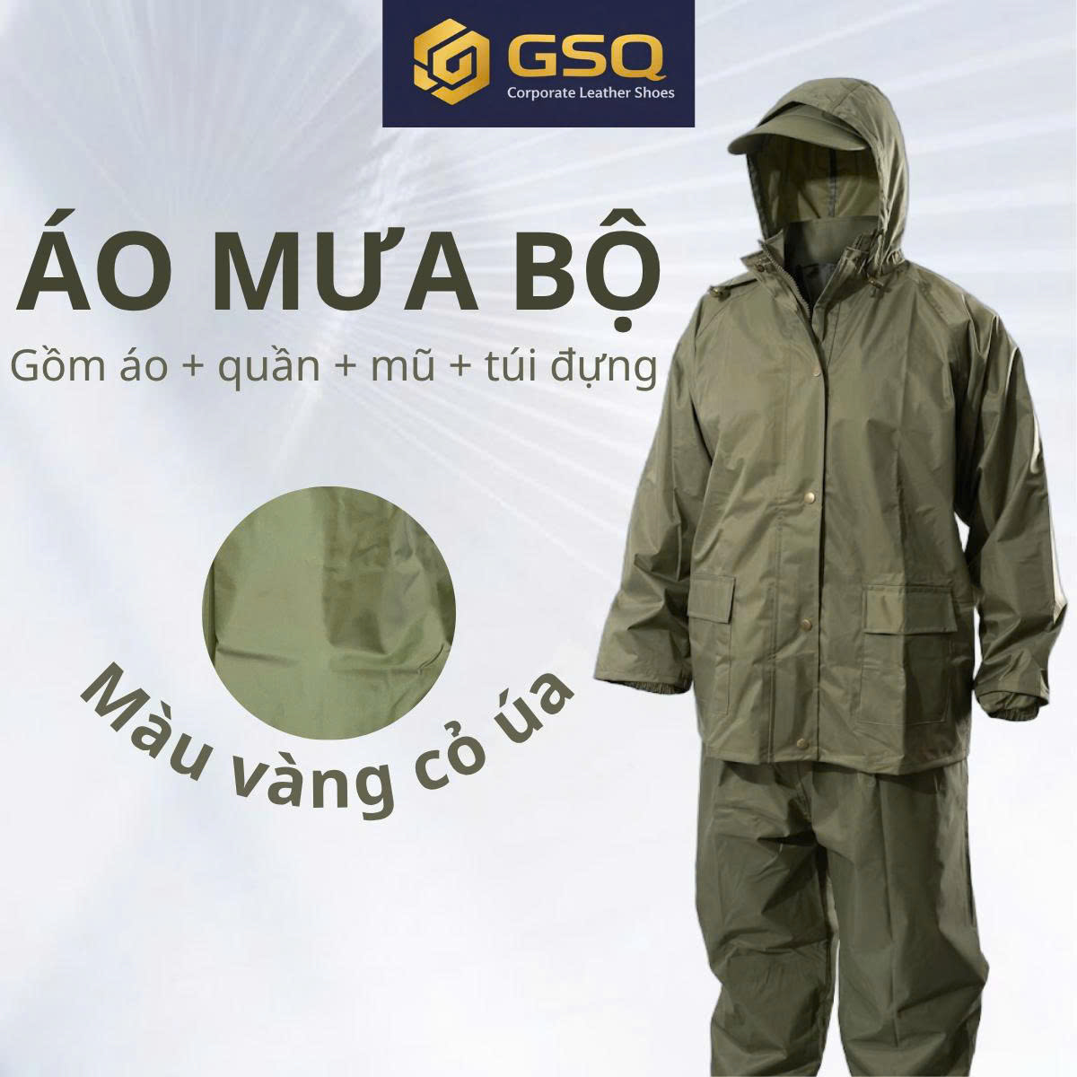 Áo Mưa Bộ Chính Hãng Màu Vàng Cỏ Úa Cao Cấp – Chống Nước Tốt, Dày Dặn, Bền Bỉ