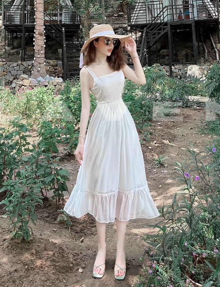 Đầm váy nữ hai dây thắt nơ sau lưng chất vải voan chingfor trẻ trung xinh xắn