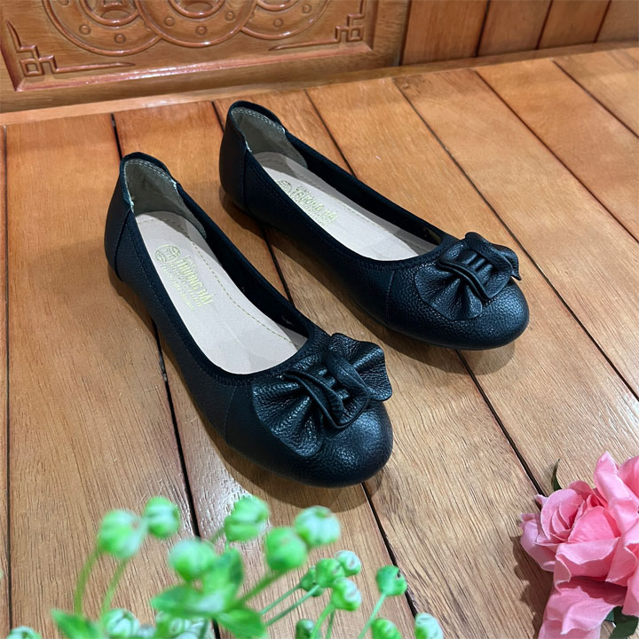 Giày búp bê nữ da bò mềm thời trang cao cấp Trường Hải màu đen GBB03Đ
