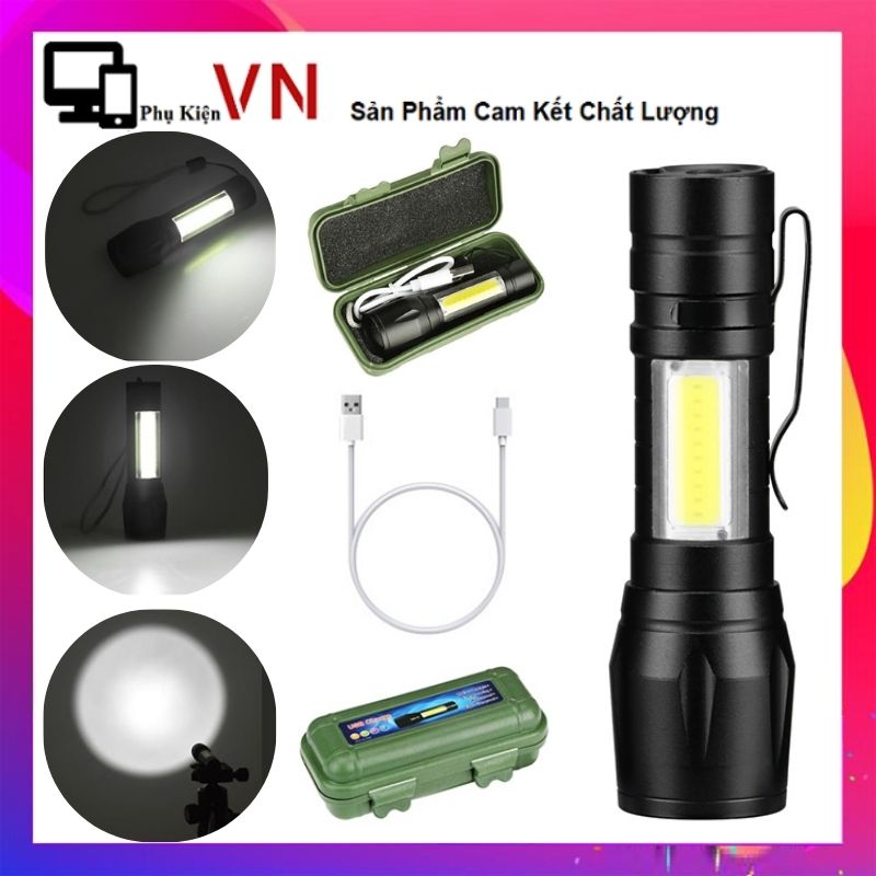 Đèn pin mini siêu sáng 3 chế độ có zoom xa gần kèm cáp sạc cao cấp - đèn pin cầm tay siêu sáng pin trâu có bóng cob phụ full hộp