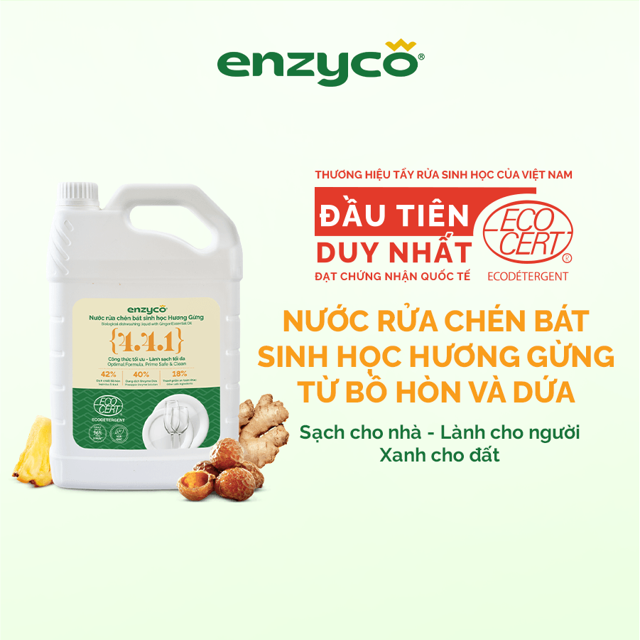  Nước Rửa Chén Bát Sinh Học ENZYCO Từ Bồ Hòn và Dứa Đạt Chứng Nhận ECODETERGENT- ECOCERT 4L Dịu Nhẹ Với Da Nhạy Cảm 