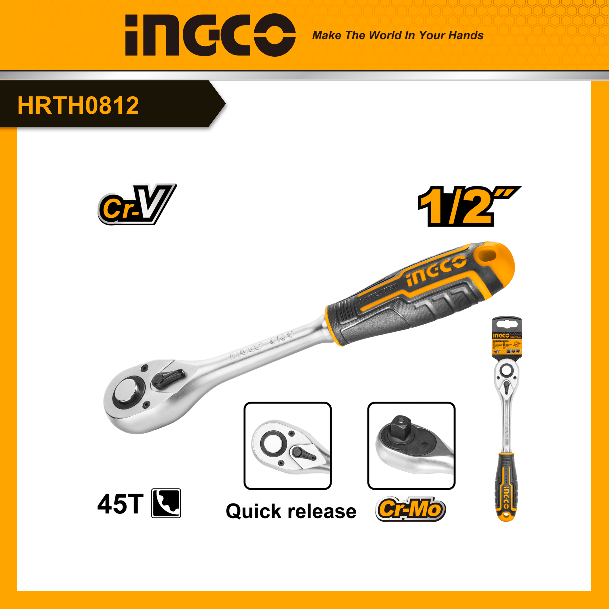 Cần siết 2 chiều ingco hrth0812 | size 1/2" 45t | chiều dài: 260mm | chất liệu cr-v+cr-mo- 20/t