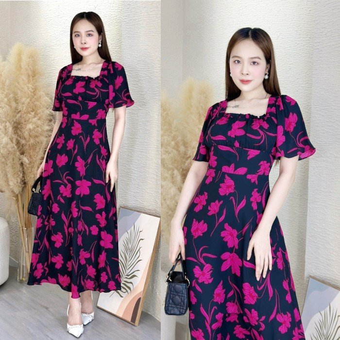 Đầm xòe hoa form dài cổ phối bèo tay loe Misa - MS0265