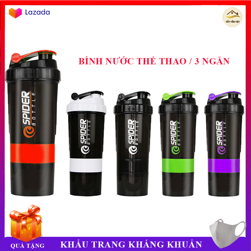 Bình nước thể thao 650ml, Bình nước tập Gym 3 Ngăn ,Bình nước có lò so Lắc Để Hòa Tan Ngũ Cốc Tiện Lợi Cho Gymer