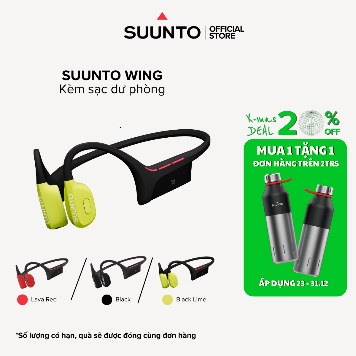 Bộ Tai Nghe Thể Thao Bluetooth Truyền Âm Qua Xương Suunto Wing - Chỉ 33g, Pin 10H, Chống Nước & Bụi, Kèm Sạc Dự Phòng