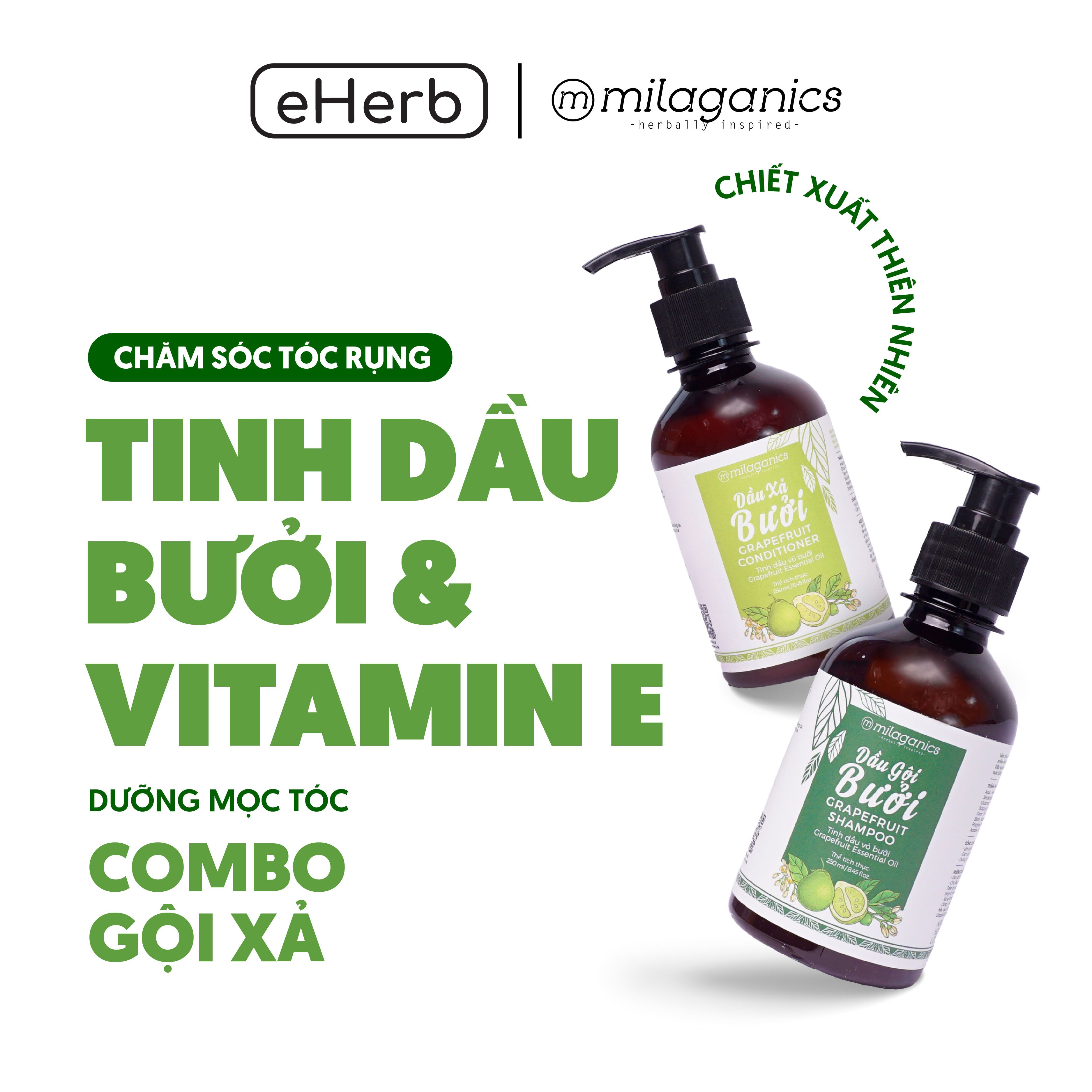 Combo dầu gội và dầu xả bưởi kích mọc tóc, ngừa rụng từ tinh dầu bưởi nguyên chất milaganics 250ml