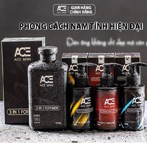Bộ Quà Aceman - Sữa tắm gội nam hương nước hoa & Sữa rửa mặt nam & Dung dịch vệ sinh nam giới