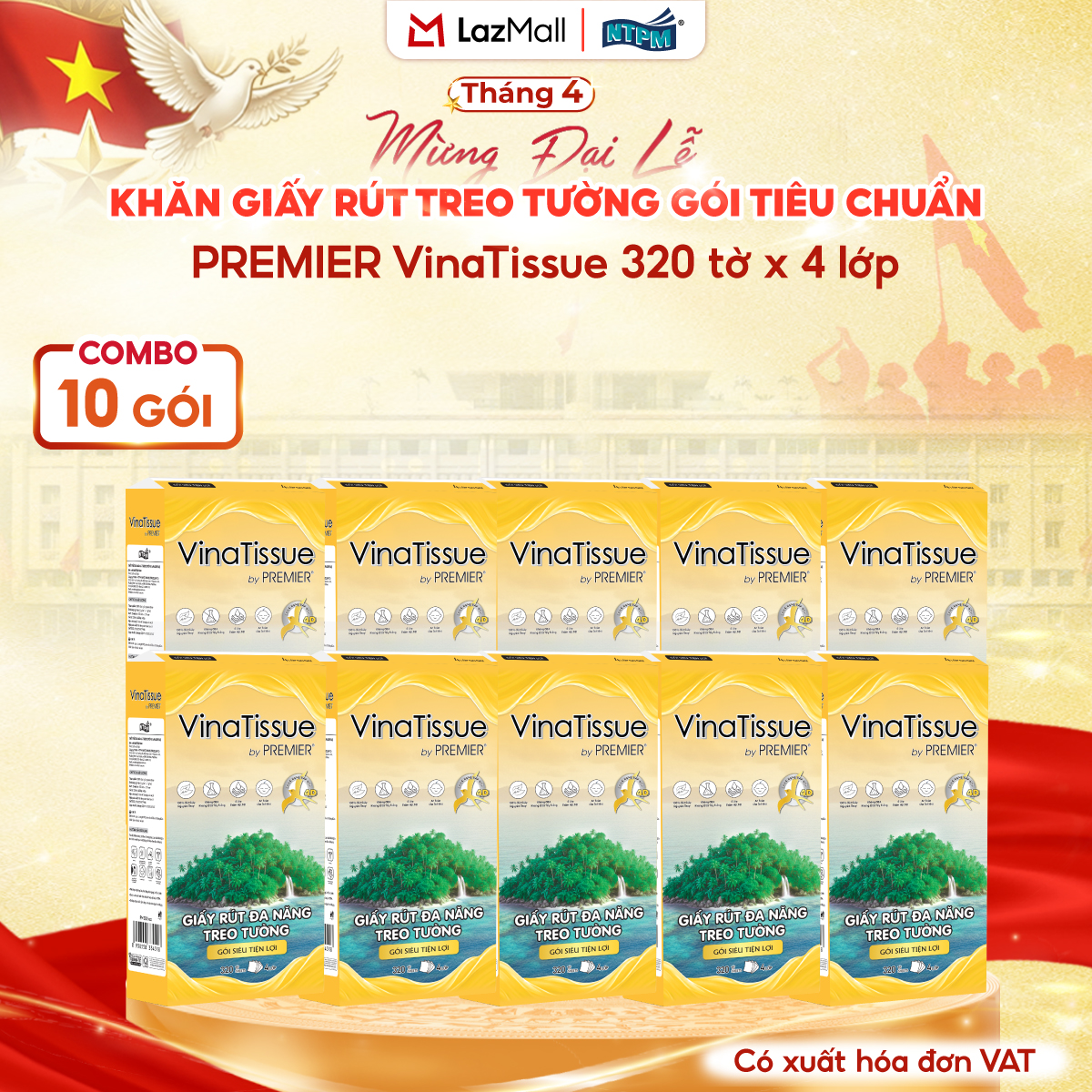 [COMBO 10 GÓI , KHÔNG MÓC TREO] Giấy rút treo tường PREMIER Vinatissue, 4 lớp - 100% bột giấy nguyên sinh, không chất tẩy, 320 tờ/gói tiêu chuẩn - Chính hãng