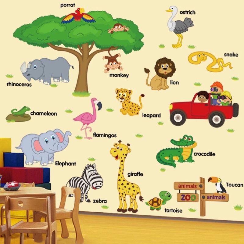 Decal dán tường cho bé cây và thú tên tiếng anh 02