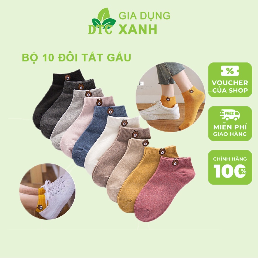 Tất - Vớ Nữ Hình Gấu Brown, Set 10 đôi Tất Gấu cổ ngắn siêu dễ thương tặng kèm túi gấu, vớ nhiều màu