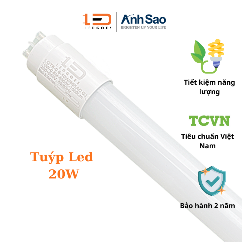 Bóng Đèn Tuyp Led T8 1m2 20W LEDGOES Ánh sáng trắng, Siêu sáng, Tiết kiệm điện, BH 2 năm