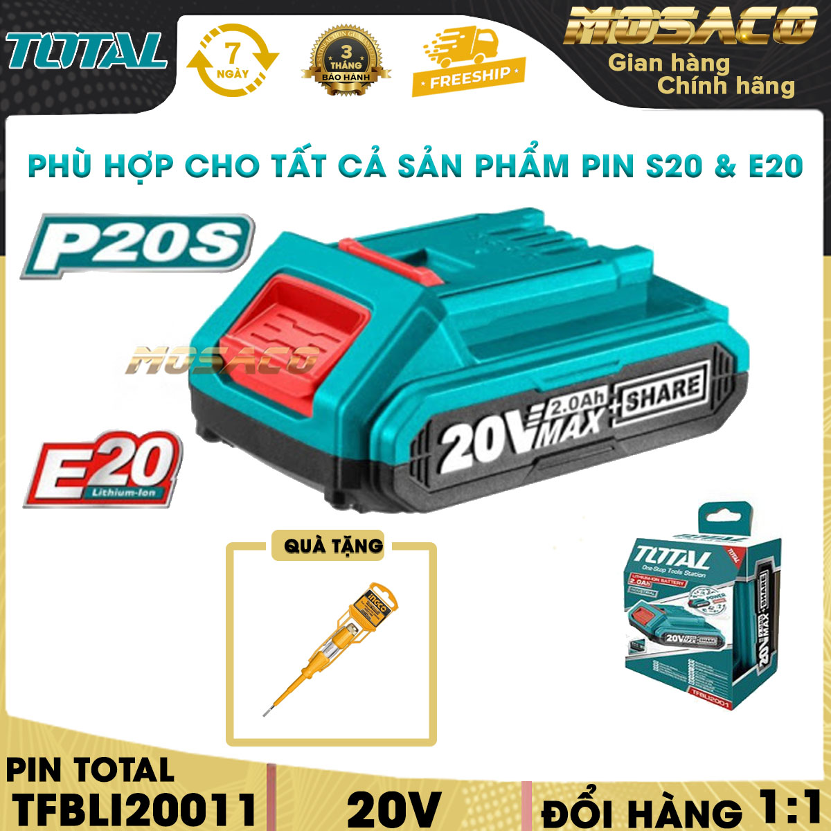 Pin lithium ion p20s total tfbli20011. pin lithium 20v/2.0ah dùng cho dòng e20 và p20s, có đèn led báo pin tiện lợi dễ sử dụng tuổi thọ cao bảo hành 3 tháng và đóng gói cẩn thận - mosaco