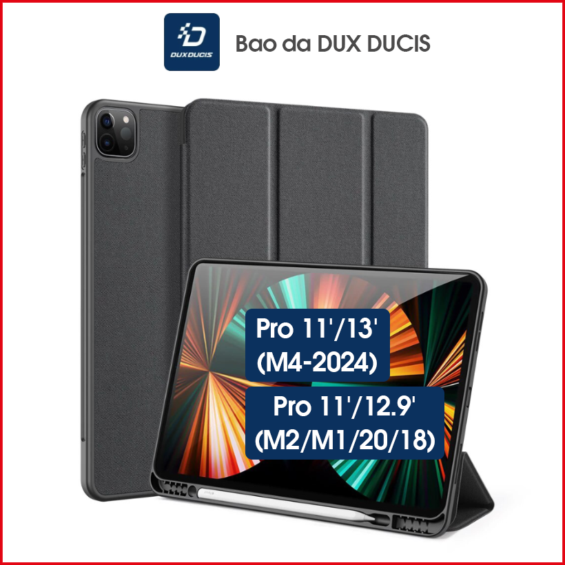 [Hỏa Tốc HCM] Bao da DUX DUCIS iPad Pro 11/ 13 inch (M4-2024)/ Pro 11/ 12.9 inch (M2-2022/M1-2021/2020/2018) (DOMO SERIES) Mặt lưng TPU mềm, Có ngăn đựng bút - Đen