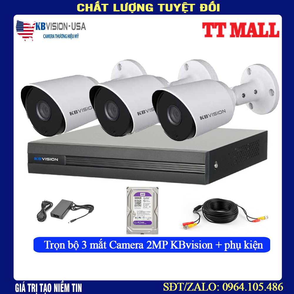 Trọn Bộ 3 Mắt Camera 2.0M Full HD KBVISION full phụ kiện +HDD tùy chọn+ đặc biệt tặng mỗi camera 20m dây liền nguồn đúc sẵn 2 đầu