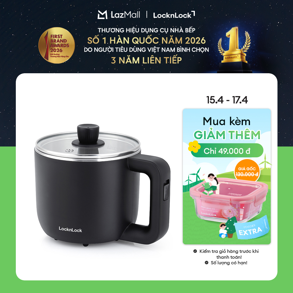 EJP116BLK - Nồi điện mini đa năng LockLock 0.8L / 600W - Lòng nồi inox, kèm nắp Ca nấu mì, kèm khay luộc trứng- Hàng chính hãng - Bảo hành