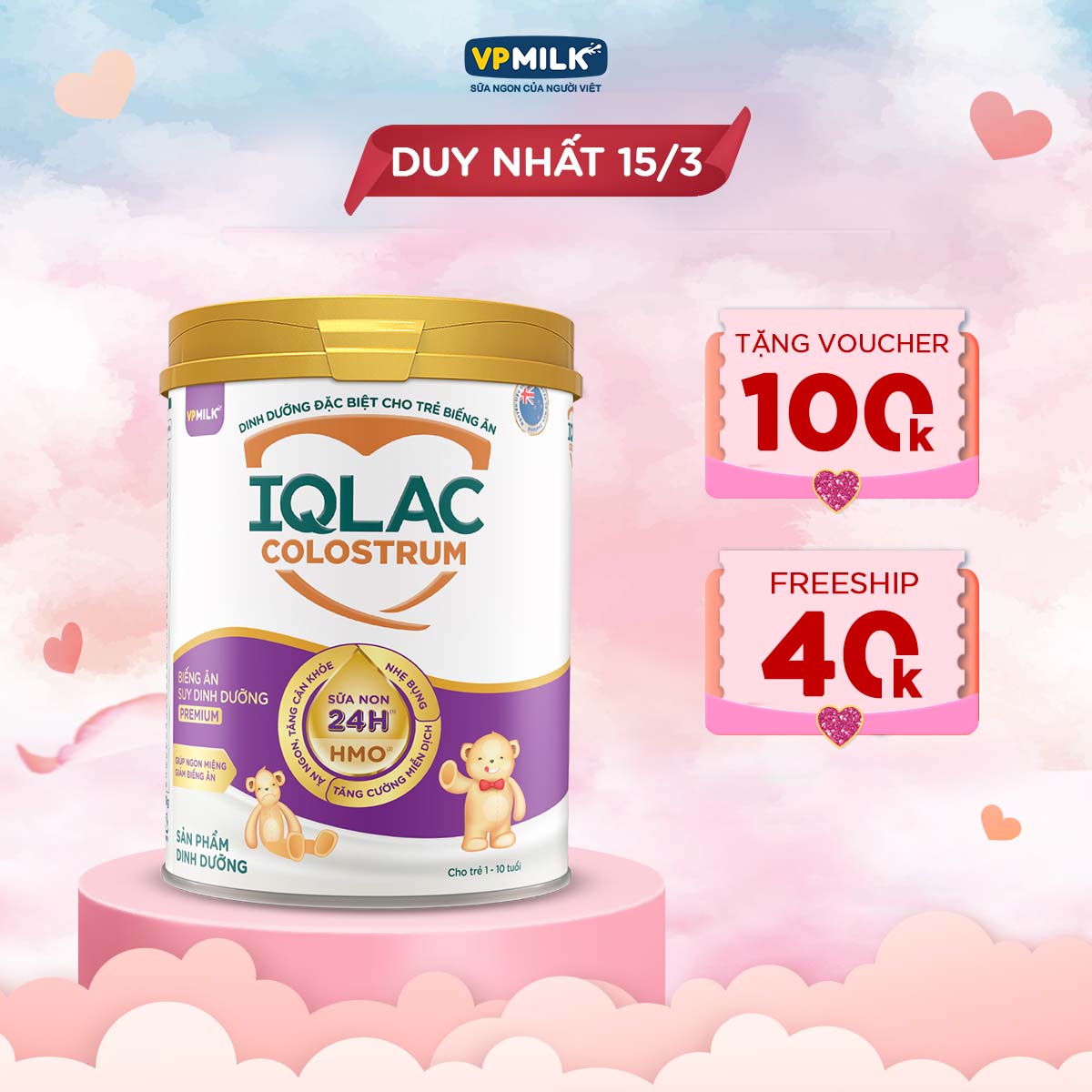 Sữa bột iqlac colostrum 800g biếng ăn suy dinh dưỡng premium cho bé từ 1-10 tuổi