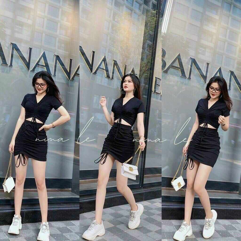 Set áo cổ tim croptop mix chân váy rút dây năng động