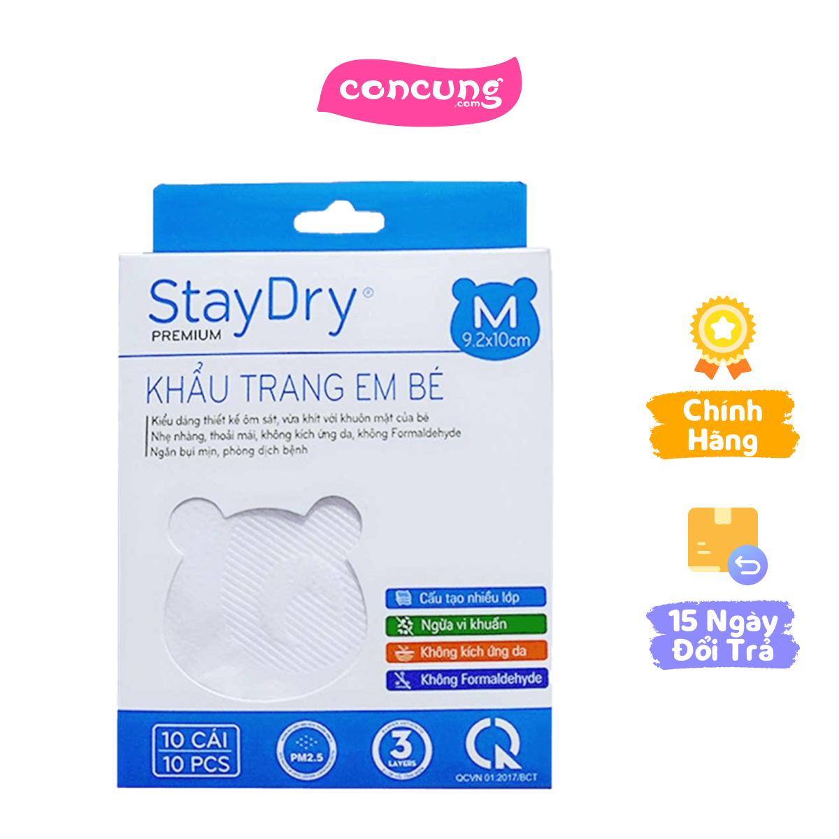 Khẩu trang trẻ em StayDry Size M - Trắng