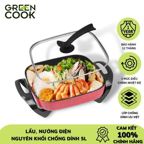 Chảo lẩu nướng điện vuông đa năng tiêu chuẩn Hàn Quốc Green Cook 5L- 30 cm