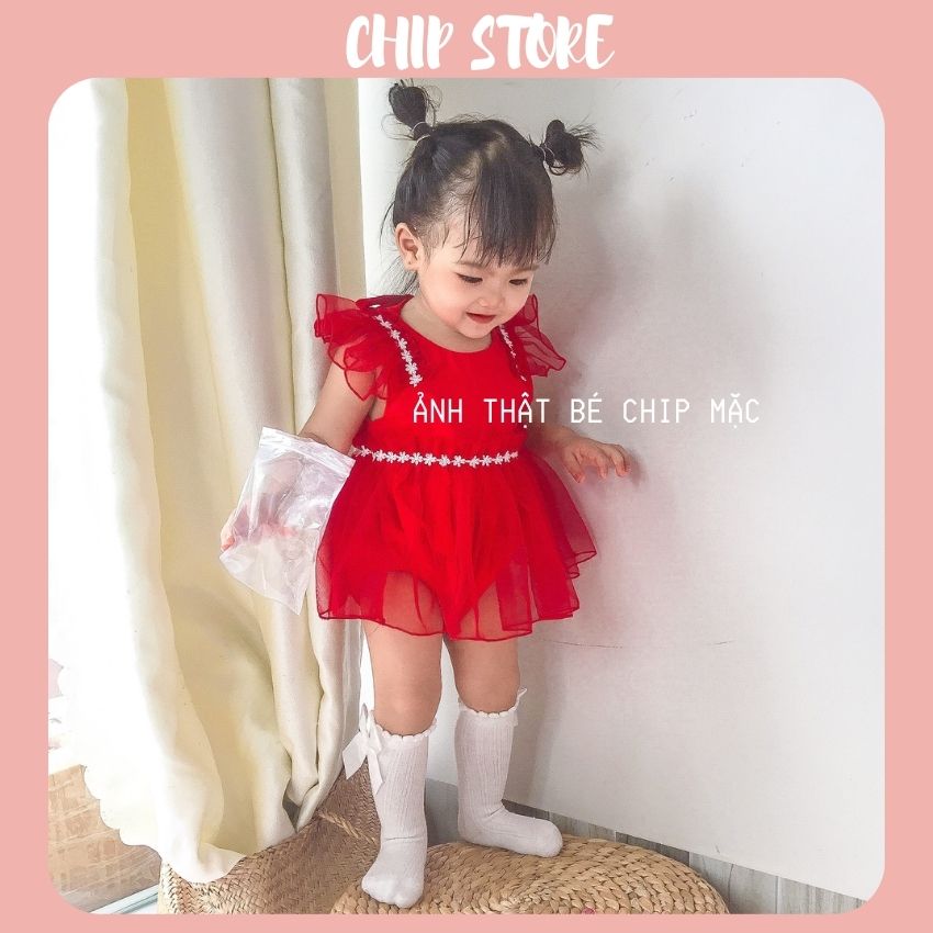 Váy bé gái chip store đầm đỏ phối lưới xinh xắn cho bé sơ sinh 1 tuổi tặng kèm nón cho bé diện noel tết xinh xắn bdvrd02