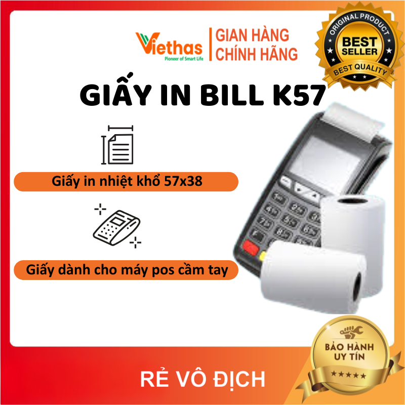  100 Cuộn Giấy In Bill K57 Phi 38  57x38 mm  Chuyên dụng cho máy POS cầm tay in bill in hóa đơn tính tiền 