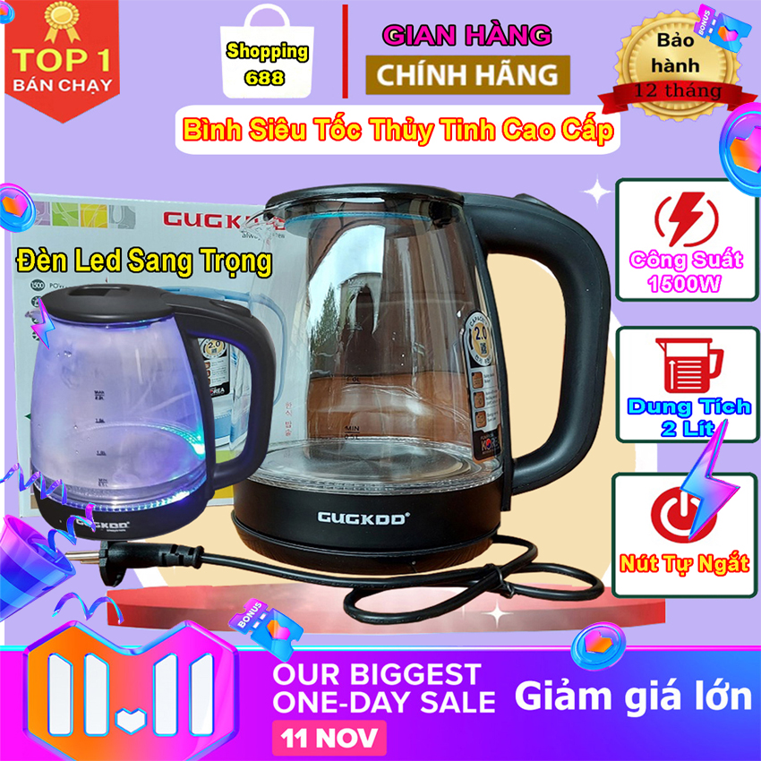 Bình siêu tốc cuckoo thủy tinh - ấm đun nước siêu tốc, dung tích 2.0l, công suất 1500w, đun sôi cực nhanh, tự động ngắt khi sôi, cách nhiệt, tiết kiệm điện năng, ấm đun siêu tốc, ấm siêu tốc cao cấp, ấm siêu tốc