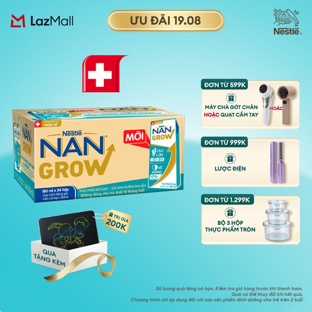 [Tặng Bảng viết LCD Kalpen] Sữa Pha Sẵn Nestlé NANGROW Cho Trẻ Từ 1 Tuổi, Công Thức Thụy Sĩ Giúp Bé Cao Lớn Vượt Trội, Thùng (24 Hộp x 180ml)