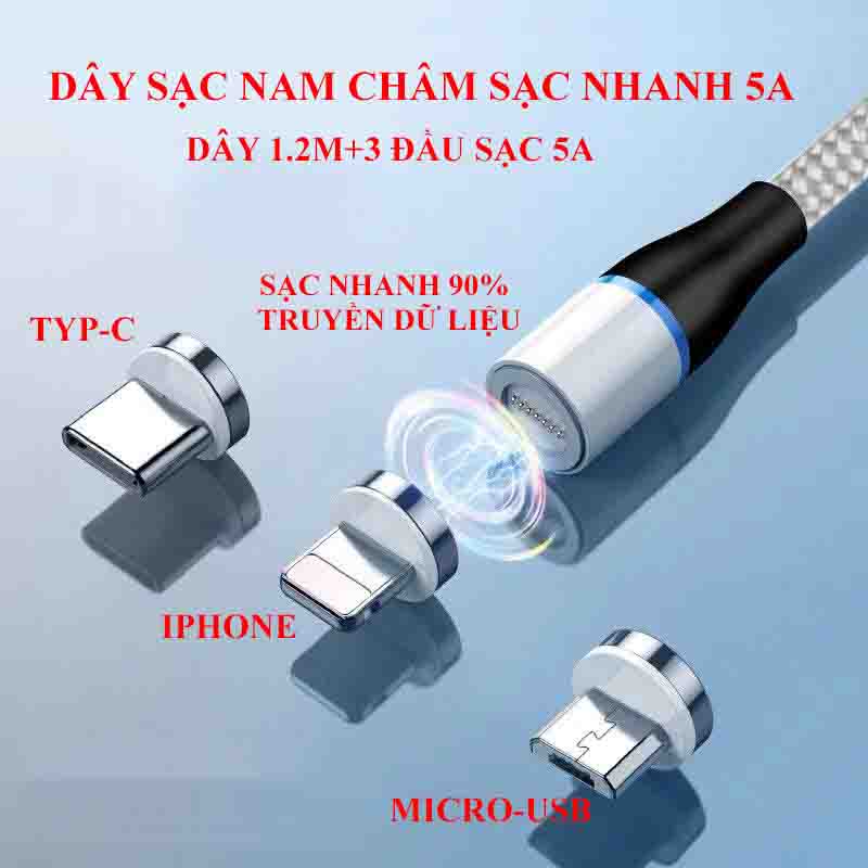  sạc nam châm 5A+3 đầu sạc  i.phone,micro-usb,typ-c ,sạc nhanh 90%,truyền dữ liệu. 