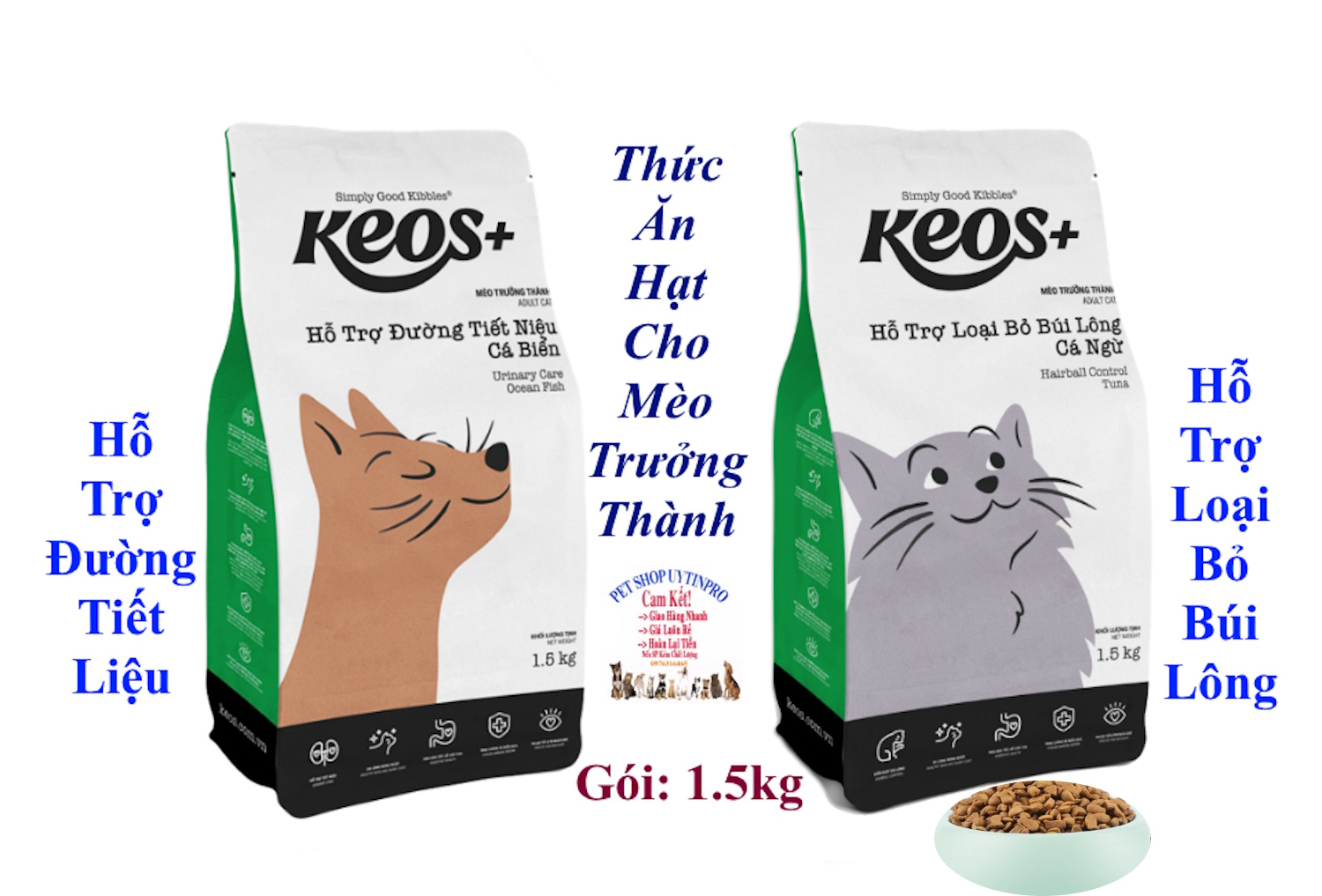 (1.5kg). Thức ăn hạt cho Mèo KEOS+ Gói 1.5kg Hỗ trợ loại bỏ búi lông, Hỗ trợ đường tiết niệu, Tăng cường miễn dịch