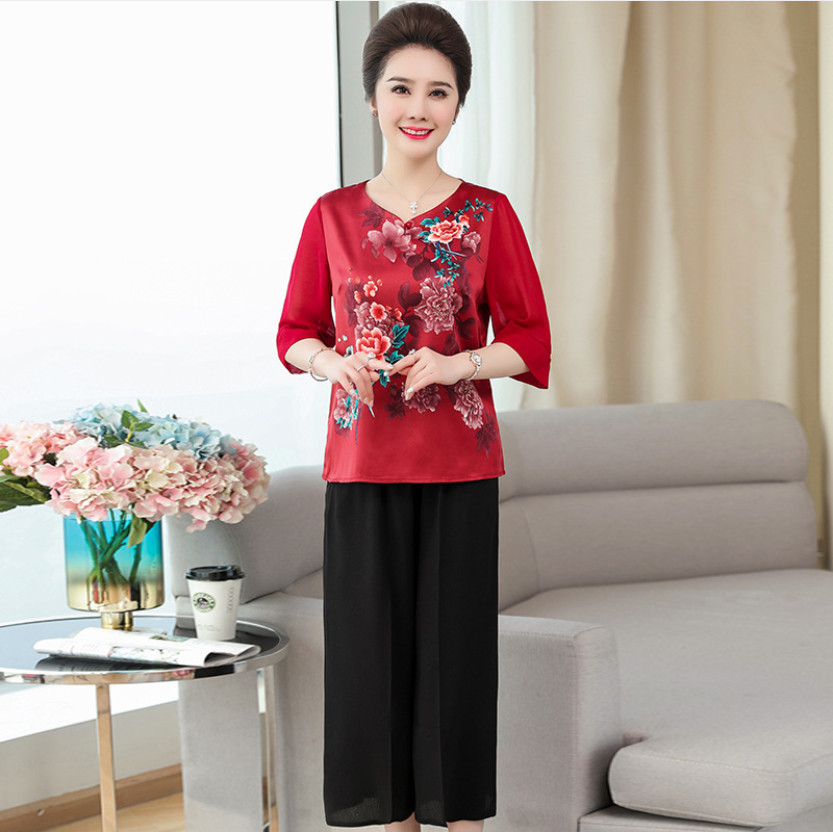 Bộ quần áo chất lụa cho người trung niên / Bộ đồ  lụa cho mẹ trung tuổi / Quần áo dự tiệc cho mẹ trung niên U50