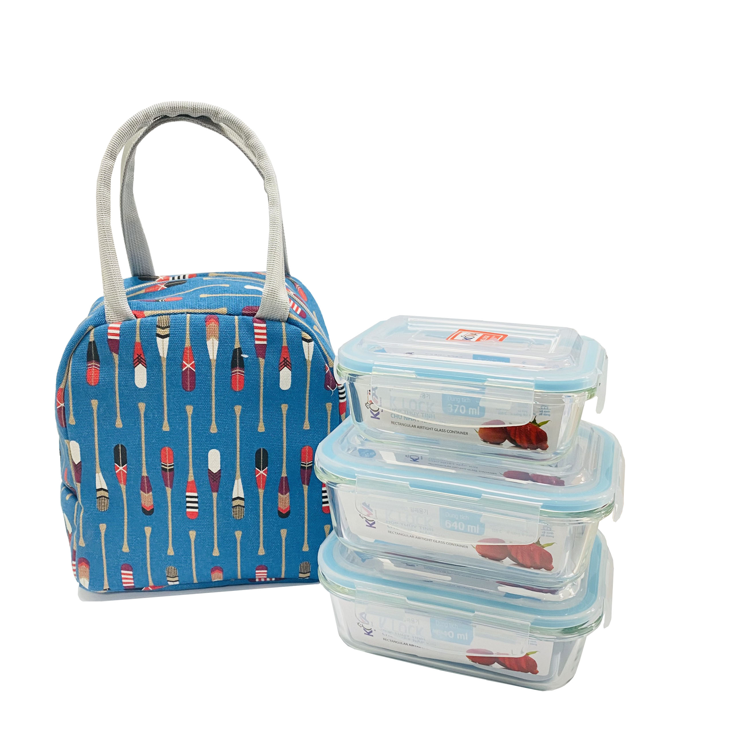 Bộ 3 Hộp Thủy Tinh Chịu Nhiệt KOVA (370mlx1 + 640mlx2) Kèm Túi Giữ Nhiệt