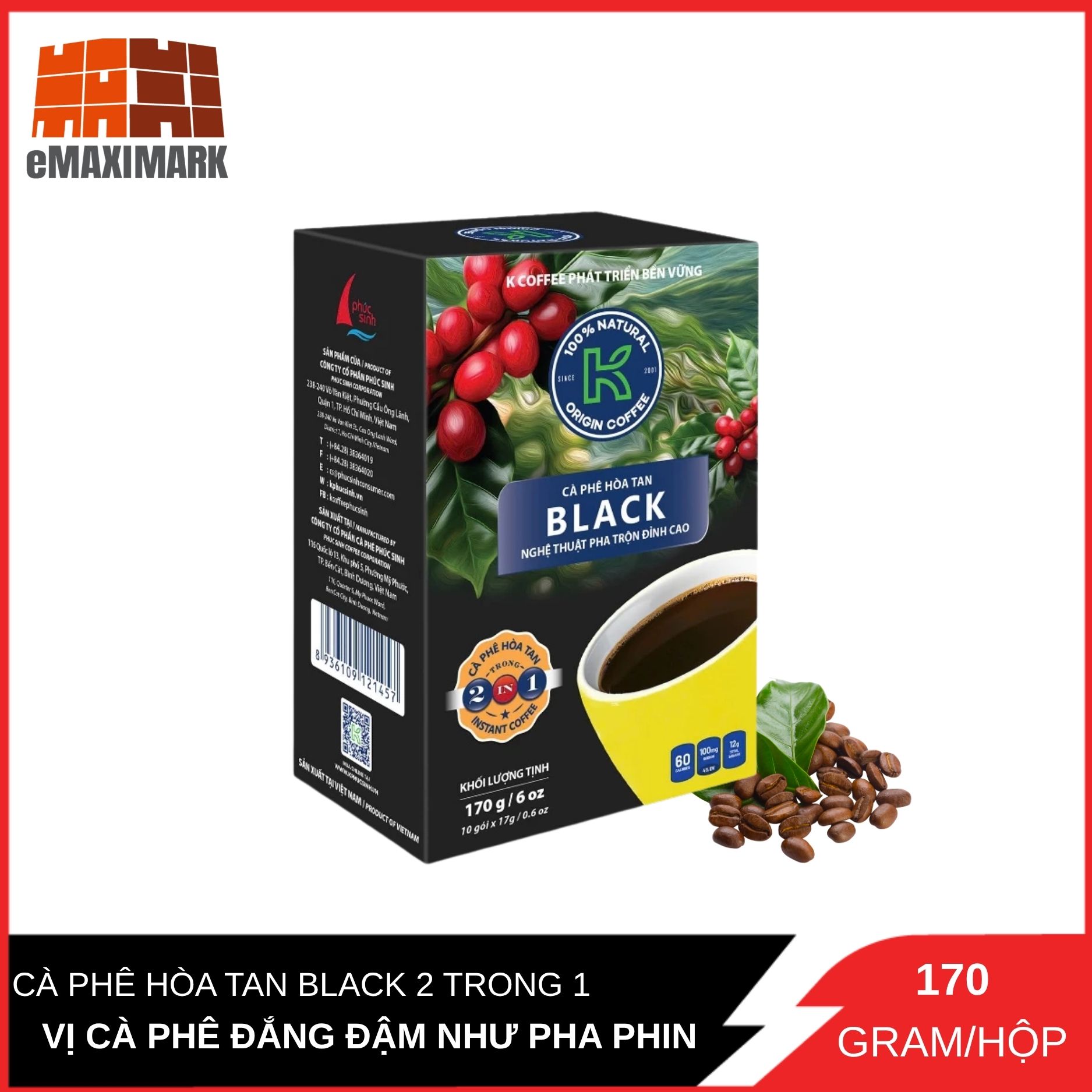 K COFFEE - CÀ PHÊ HÒA TAN BLACK 2 TRONG 1 - 170G/17 GÓI